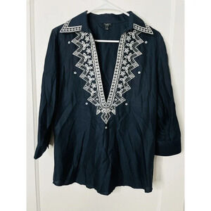 Talbots Womens Boho Tunic Sz 8 Silk Cotton Blend Embroidered 3/4 Sleeve Blue